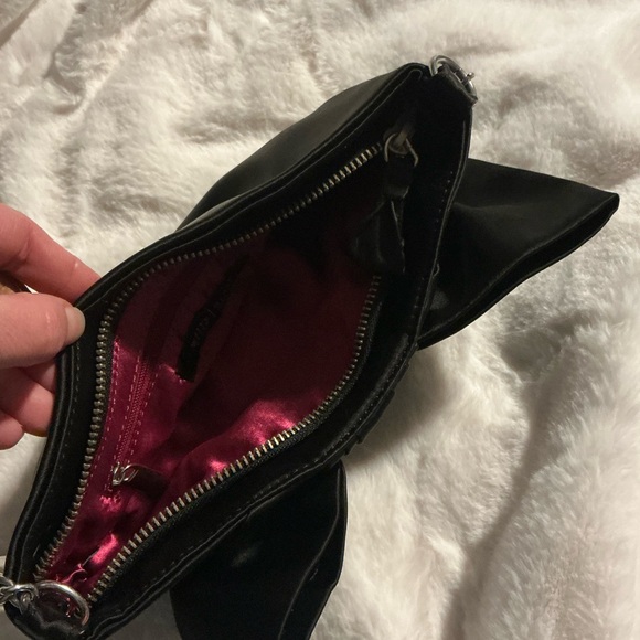 White House Black Market Elegant Black Satin Clutch with Pearl Chain - Picture 2 of 3